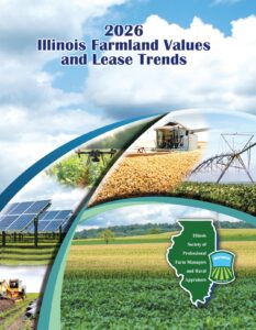 Land Values report cover, farmland images with title "2026 Illinois Farmland Values and Lease Trends"